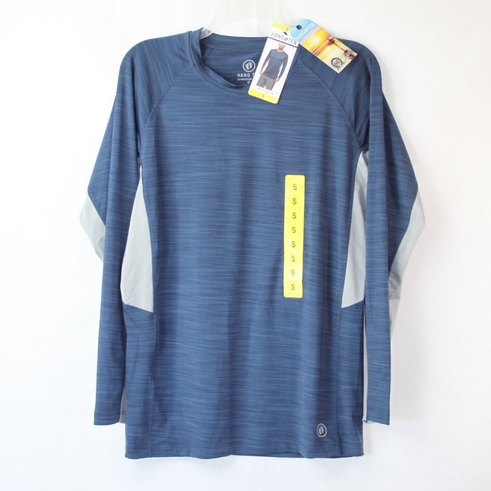 HANG TEN MENS UPF 50+ SUN TEE T SHIRT NWT LONG SLEEVE SZ SMALL BLUE GRAY POCKET